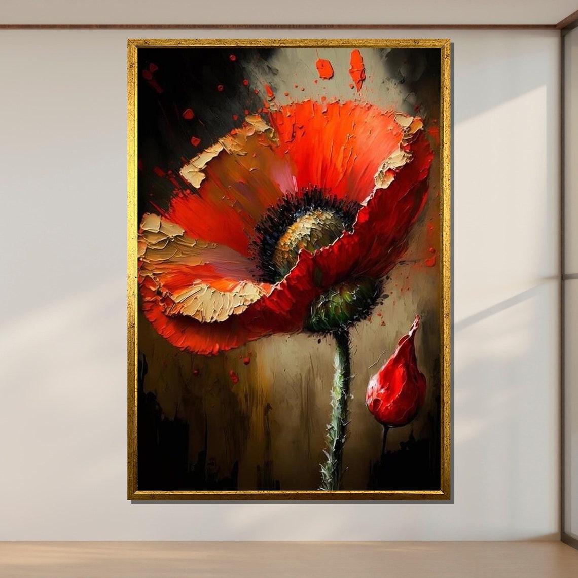 Red Poppy Blossom Abstract Flower Wall Art Vibrant Floral Painting Bold Flower Decor Ready To Hang Artwork - Image 2