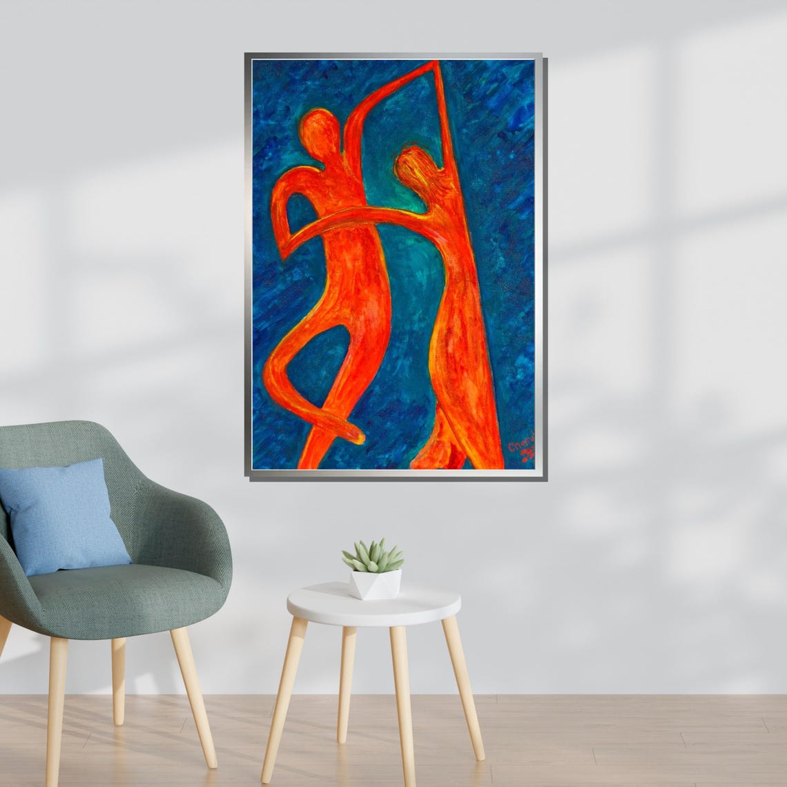 Fiery Red Dance Couple Abstract Figures Blue Background Art Poster - Image 3