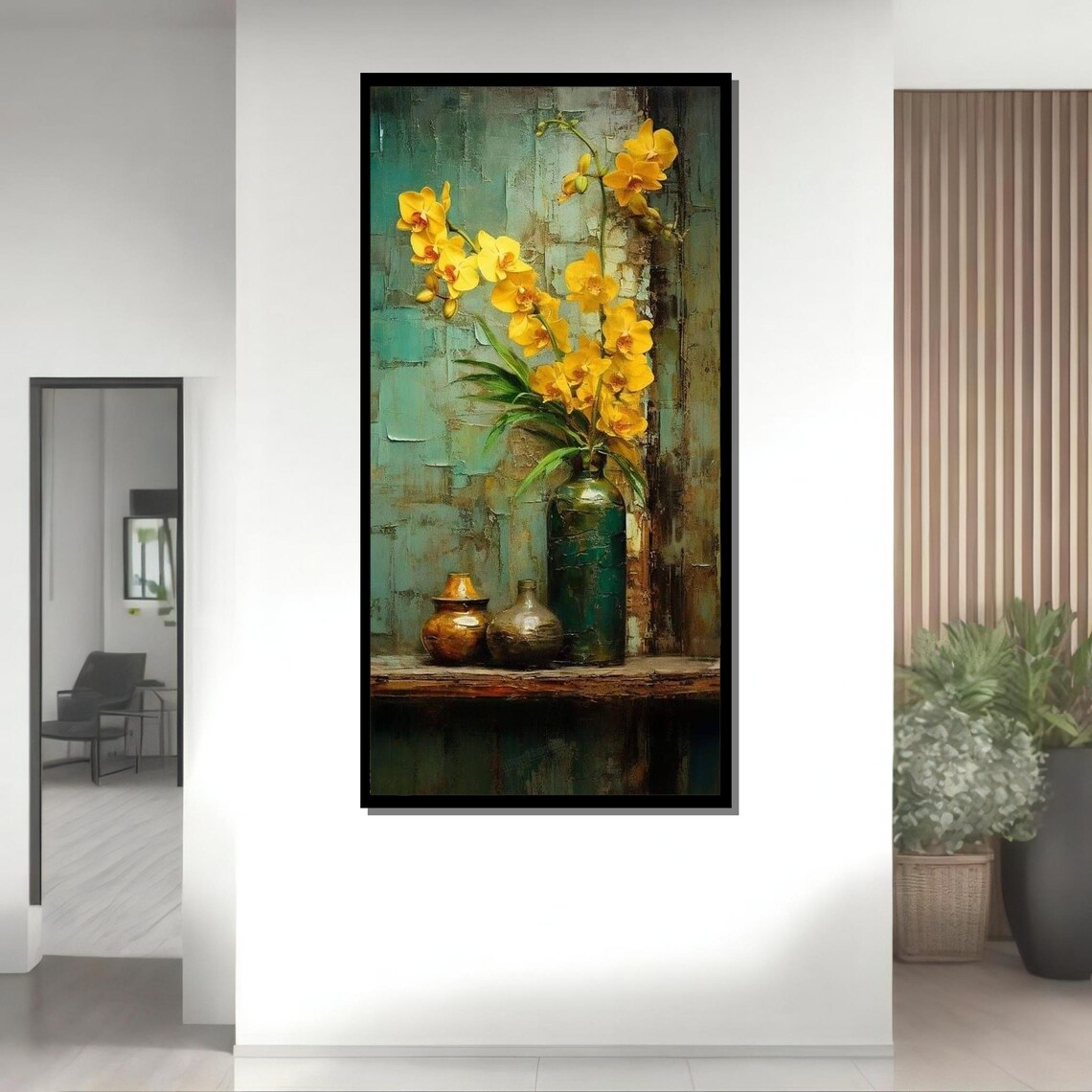 Golden Yellow Orchids Vase Still Life Vintage Botanical Art Print - Image 4
