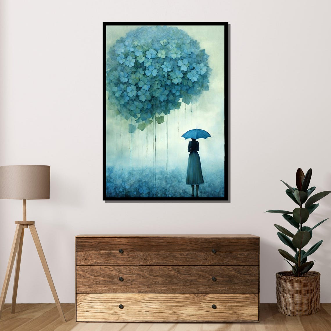 Dreamy Blue Hydrangea Blossoms Woman With Umbrella Serene Art Poster - Image 4
