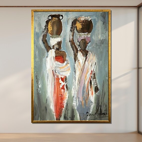 African Women With Pots Art Ethnic Culture Traditional African Painting Vibrant Tribal Wall Decor Ready To Hang Artwork