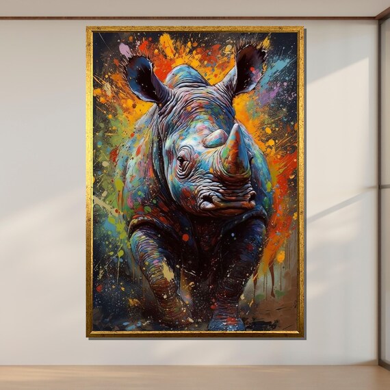 Colorful Rhino Charging Paint Splatter Abstract Wildlife Art Wall Poster
