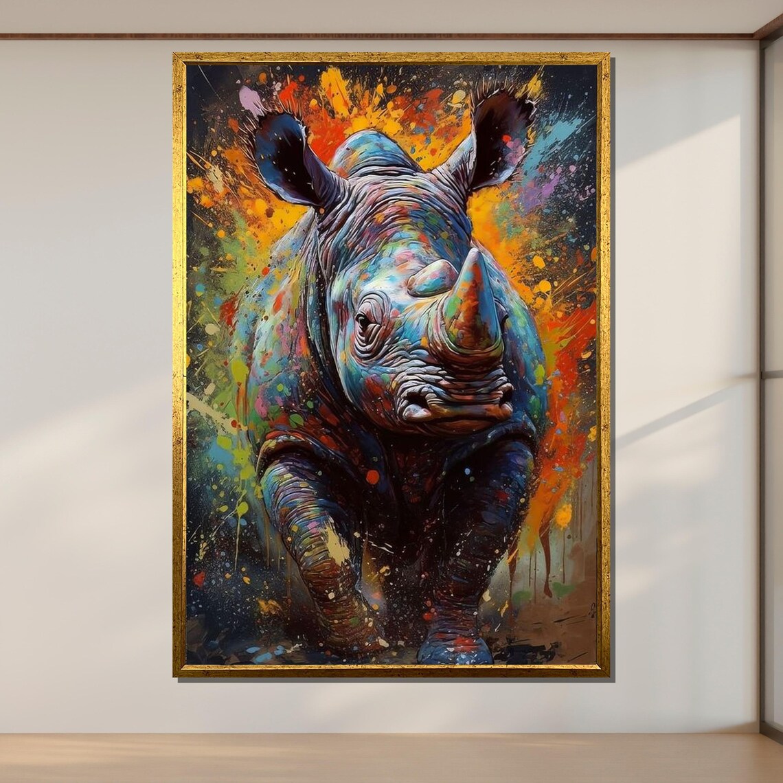 Colorful Rhino Charging Paint Splatter Abstract Wildlife Art Wall Poster