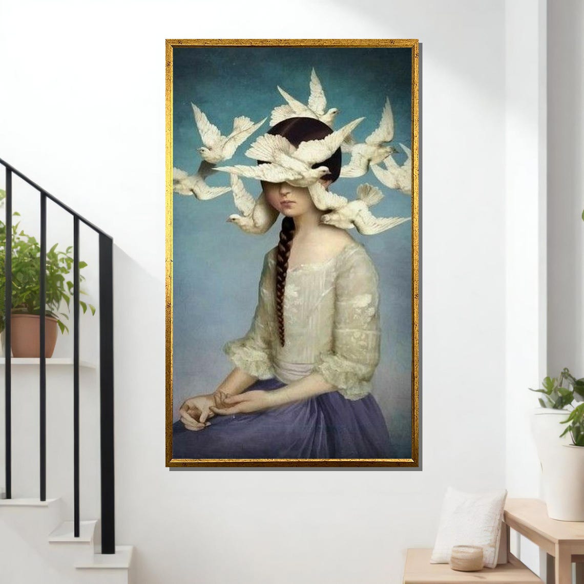 Girl With Doves Surreal White Bird Portrait Whimsical Art Print - Image 2