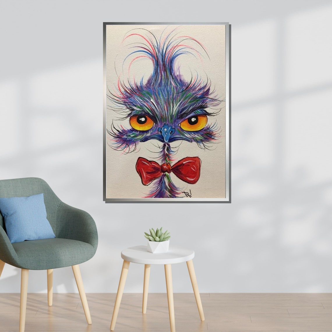 Quirky Ostrich With Red Bow Tie Colorful Bird Portrait Wall Poster - Image 3