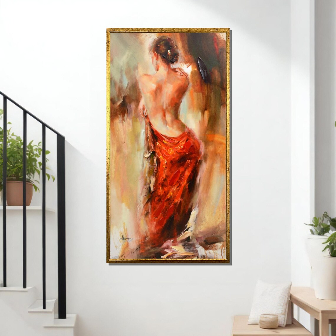 Sensual Red Dress Woman From Behind Impressionist Back Beauty Art Poster