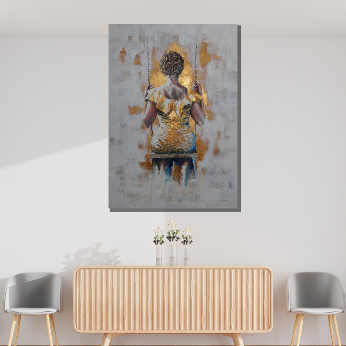 Golden Woman On Swing Elegant Back View Contemporary Art Poster - Image 3