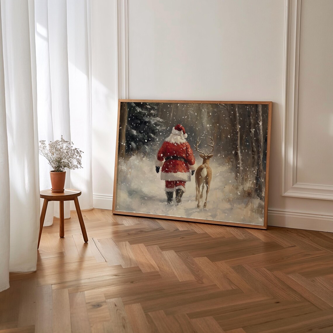 Santa Claus and Reindeer Winter Christmas Art Print - Image 2