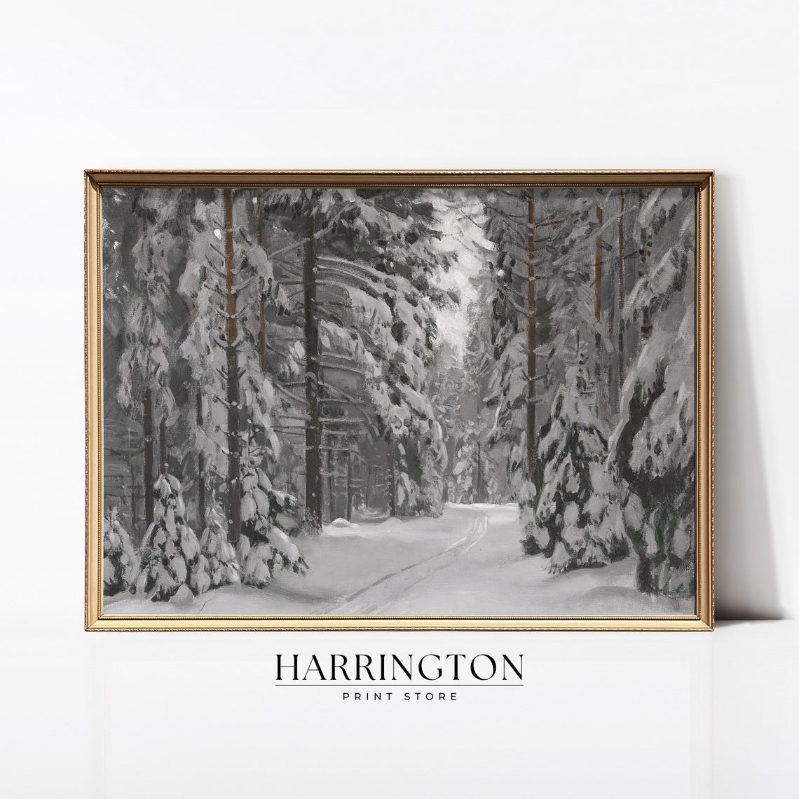 Moody Snowy Pine Forest Path Winter Landscape Vintage Art Poster
