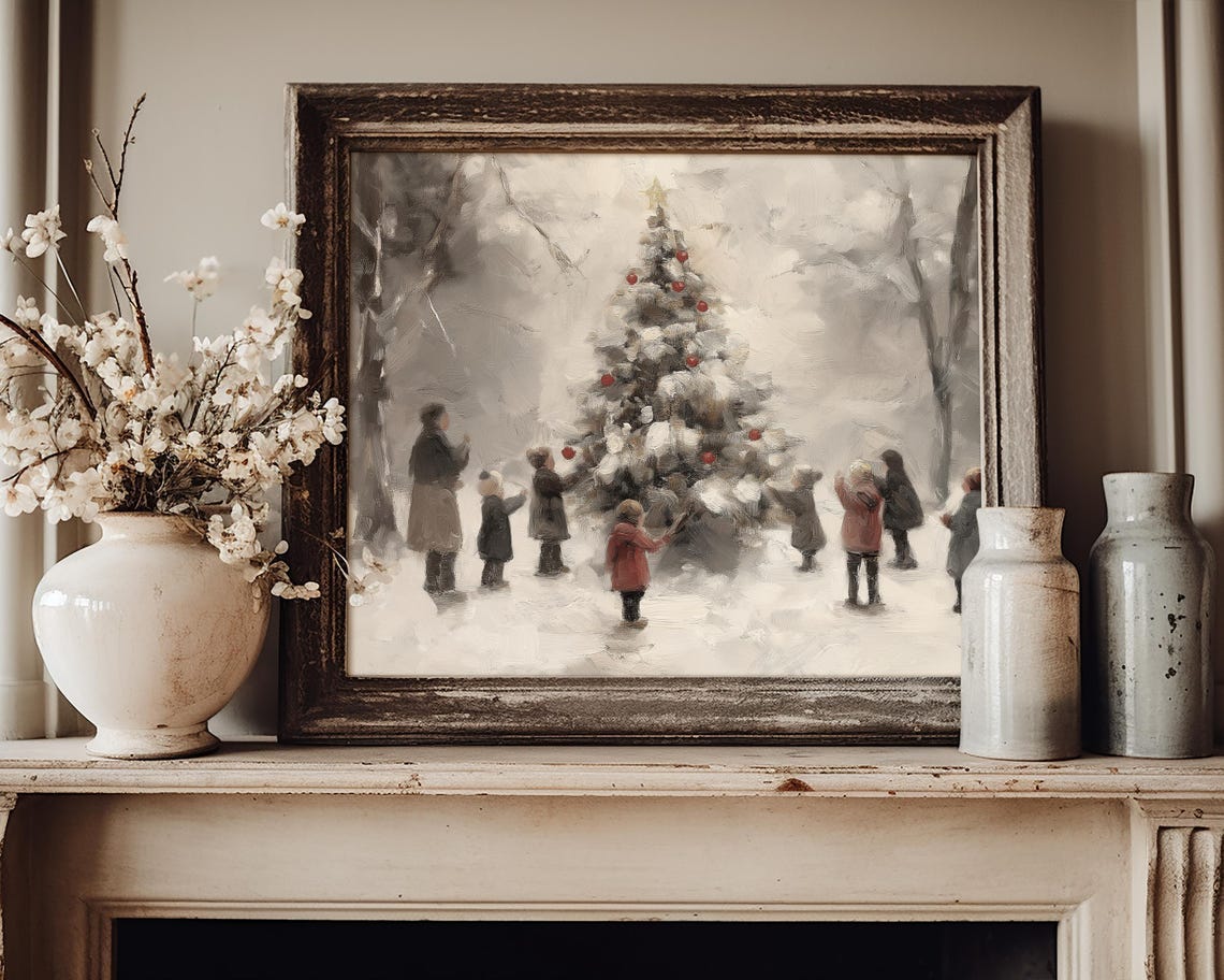 Christmas Tree Oil Painting Winter Landscape Wall Art Farmhouse Oil Painting Christmas Tree Artwork Holiday Decor Trendy Xmas Wall Art - Image 3
