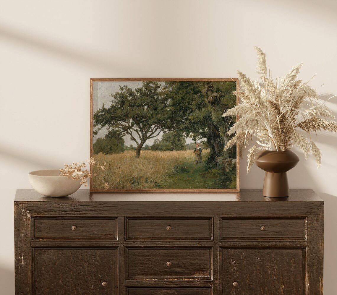 Peasant Woman Wheat Field Big Trees Golden Countryside Vintage Print - Image 2