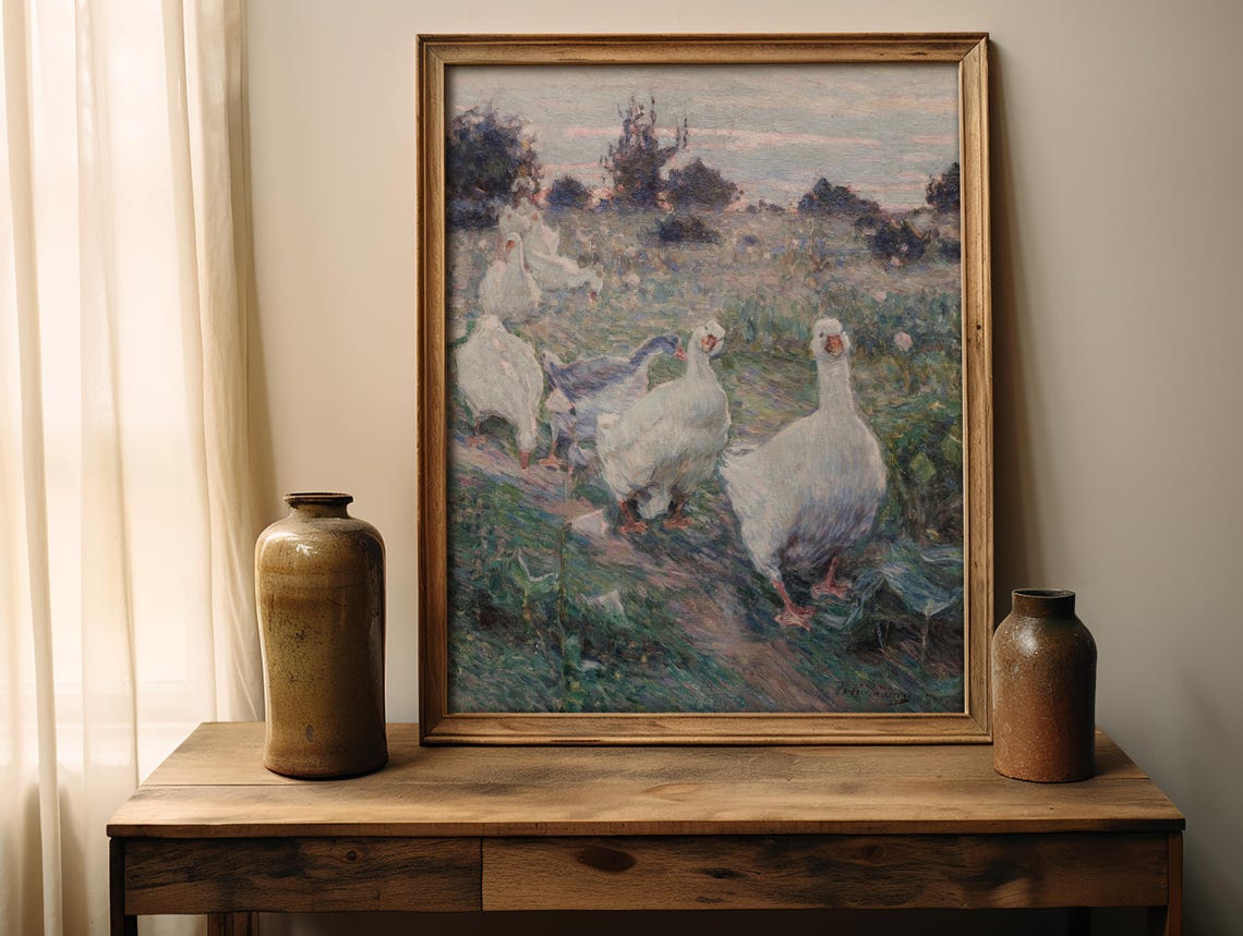 White Geese Meadow Path Vintage Impressionist Country Art Poster - Image 5