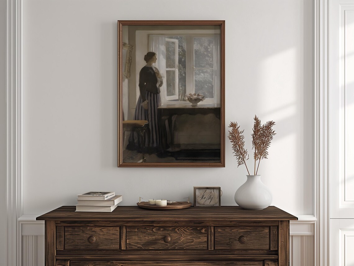 Woman by Sunlit Window Vintage Interior Painting Antique Art Poster - Image 2