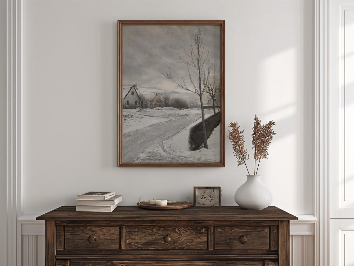 Snowy Village Road Bare Trees Winter Vintage Landscape Art Poster - Image 3