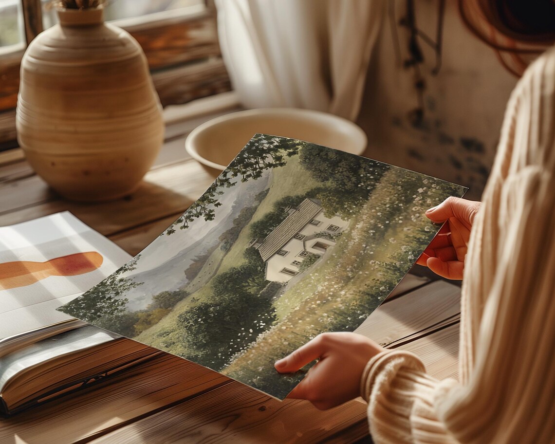 White Cottage Rolling Hills Wildflower Meadow Vintage Art Poster - Image 3