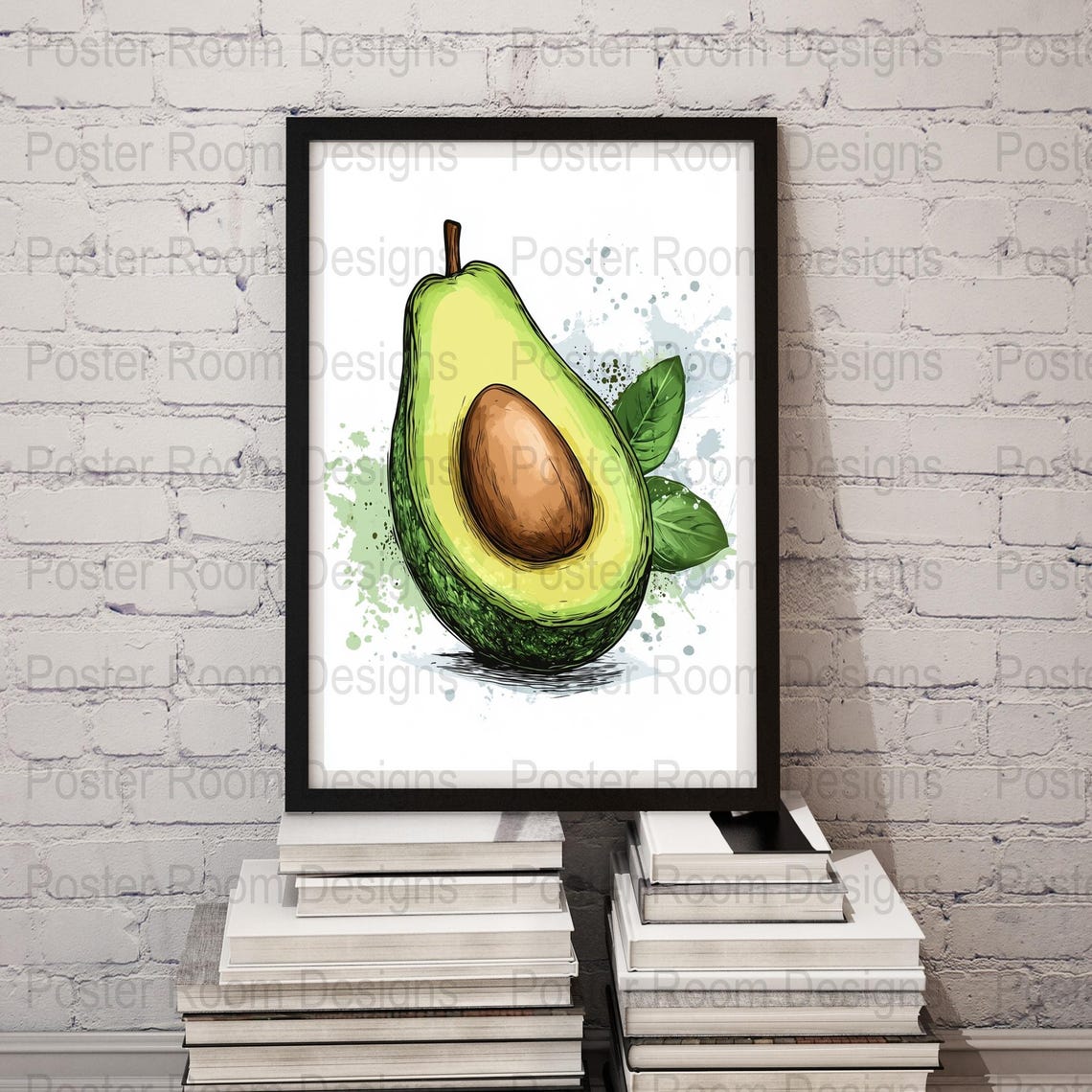 Avocado Half Ink Sketch Poster with Soft Watercolor Splashes