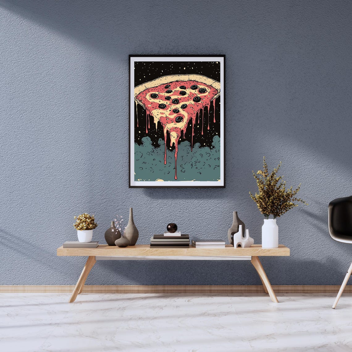Dripping Pizza Slice Cosmic Pop Art Poster with Black Olives - Image 2