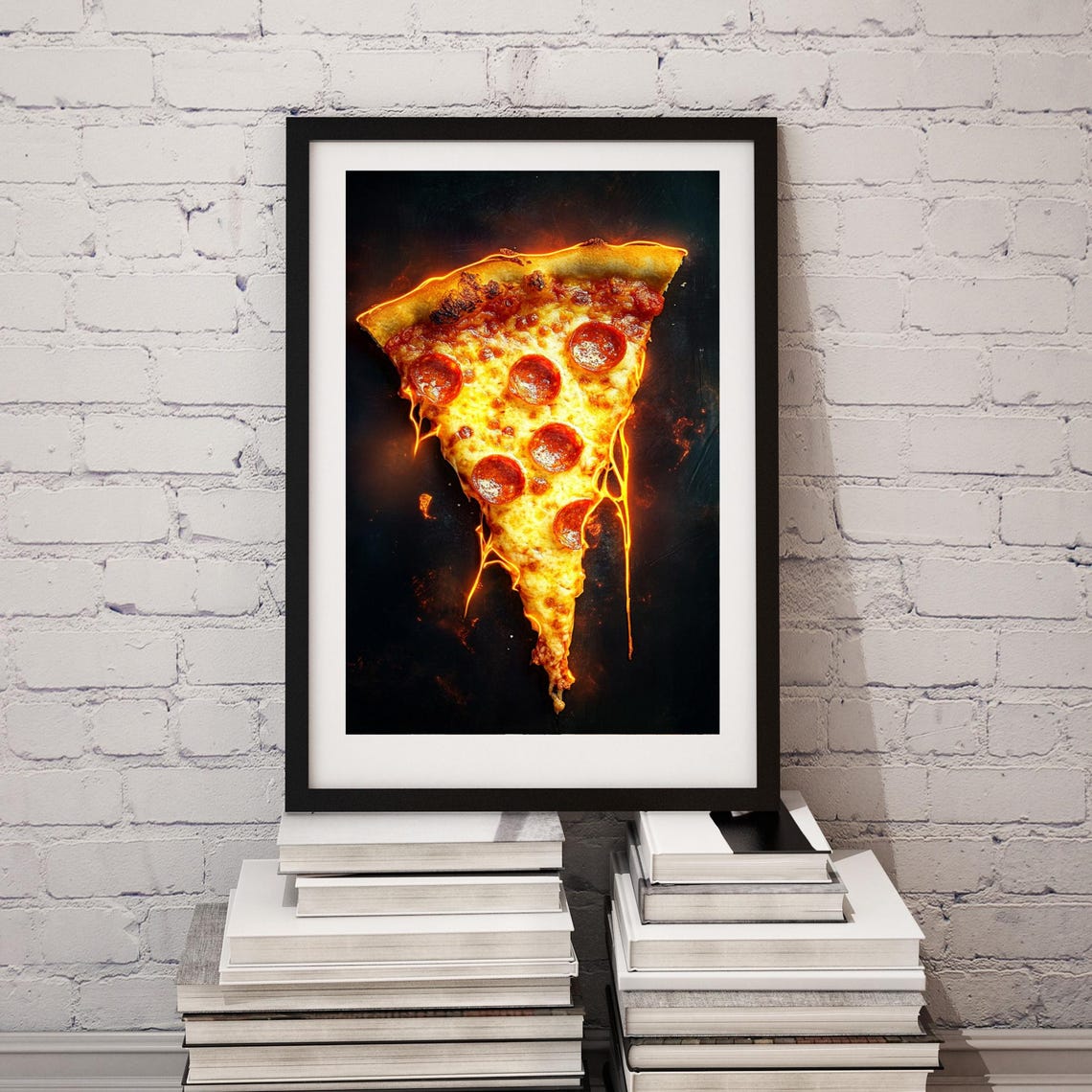 Glowing Pepperoni Pizza Slice Floating on Black Background Poster