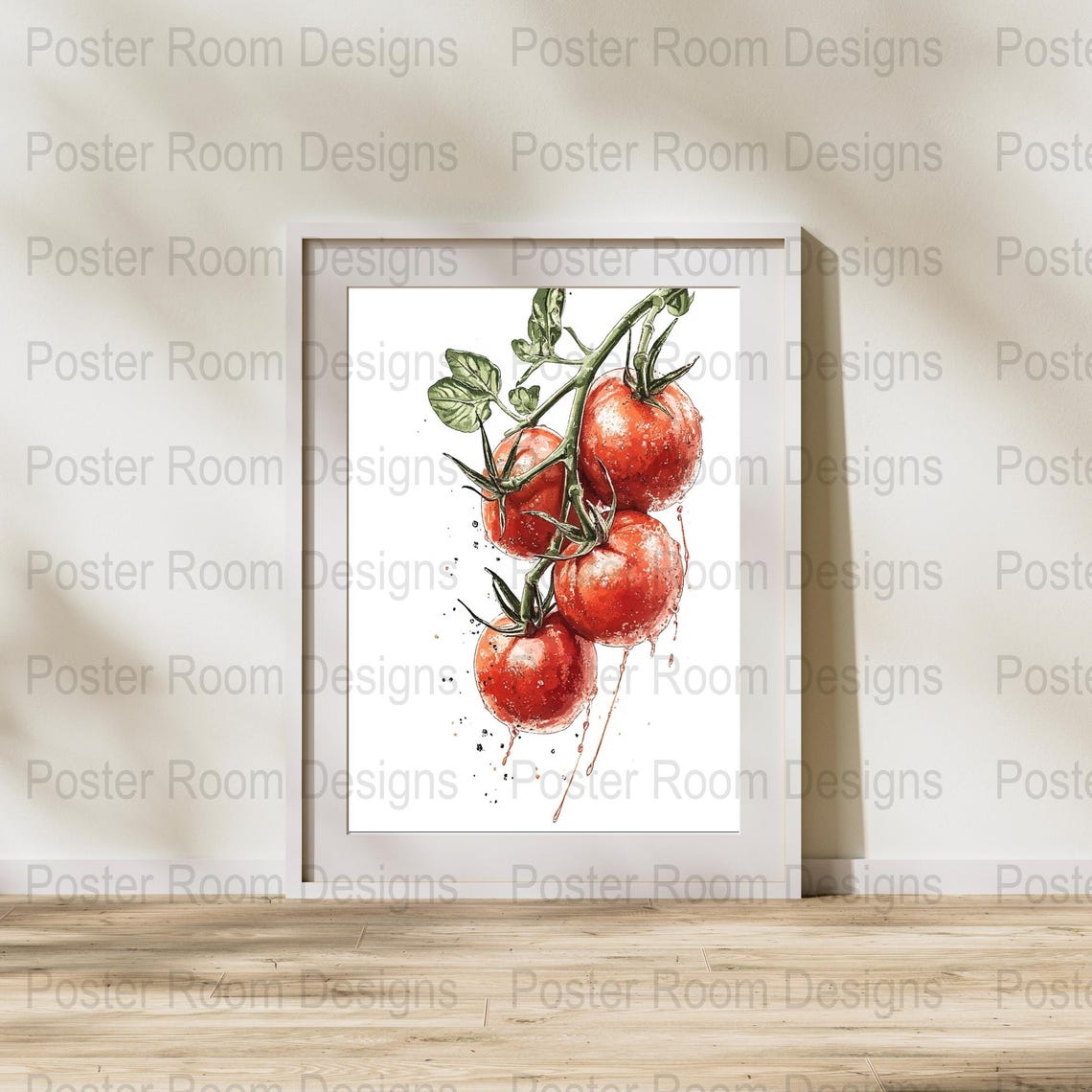 Red Tomato Vine Watercolor Sketch Poster with Paint Drip Accents - Image 2