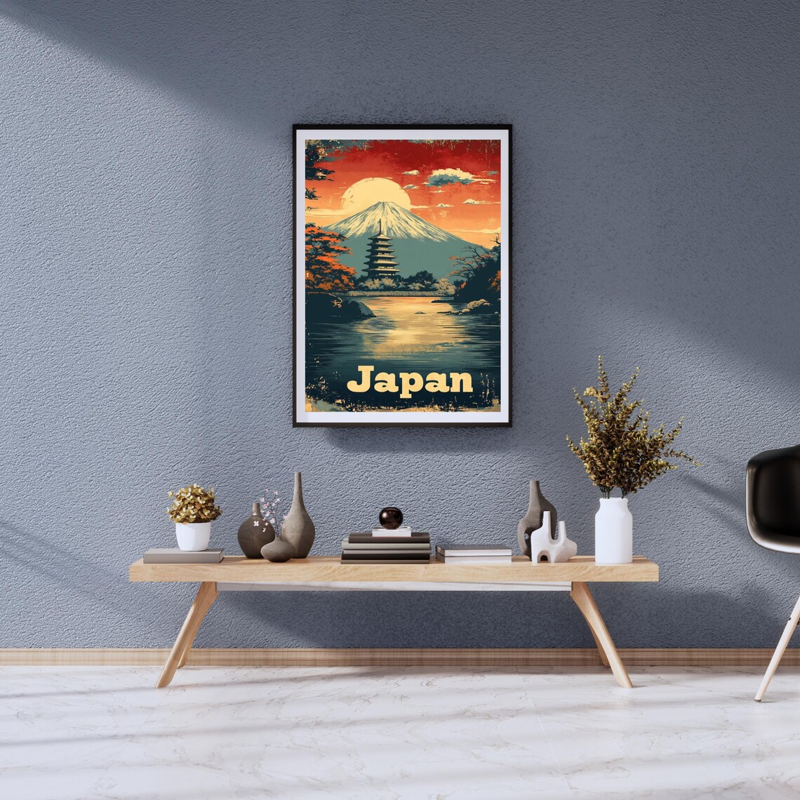Vintage Japan Travel Poster with Mt Fuji and Pagoda at Sunset - Image 2