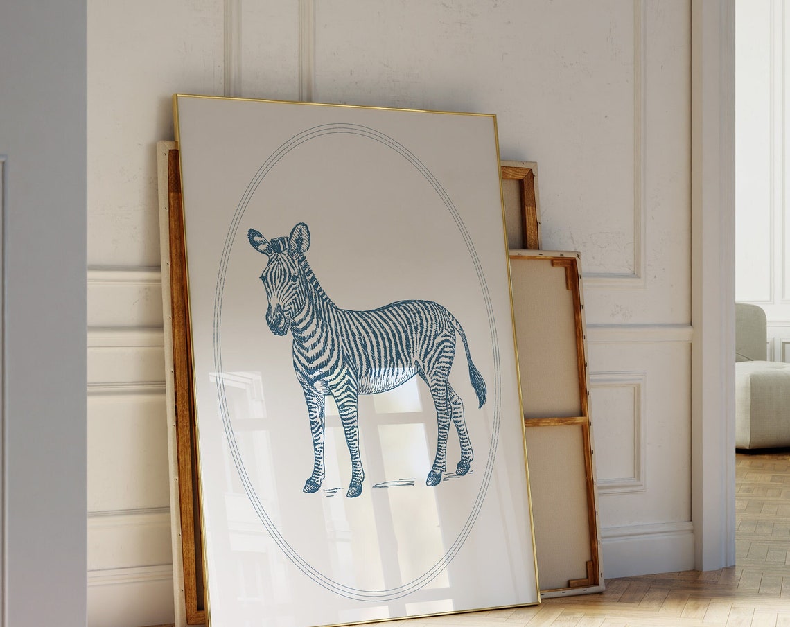Standing Zebra Blue Line Illustration Oval Frame Animal Art Poster - Image 3