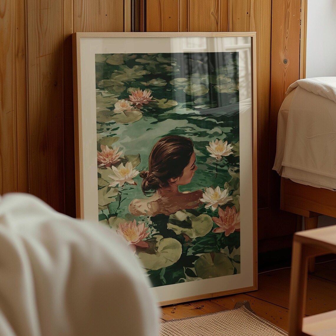 Swimming Woman Vintage Lilies Art Print, Bathroom Decor