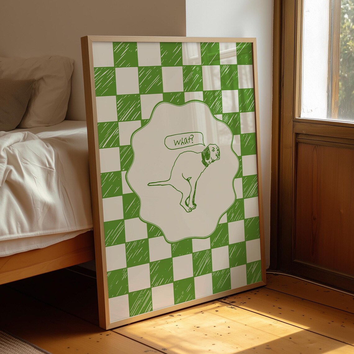 Funny What Dog Speech Bubble Cartoon Retro Green Checkered Wall Art