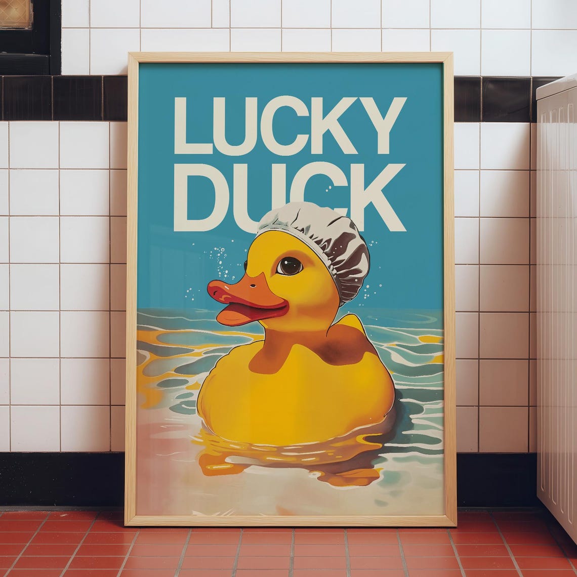 Lucky Duck Yellow Rubber Duck Shower Cap Playful Bathroom Poster
