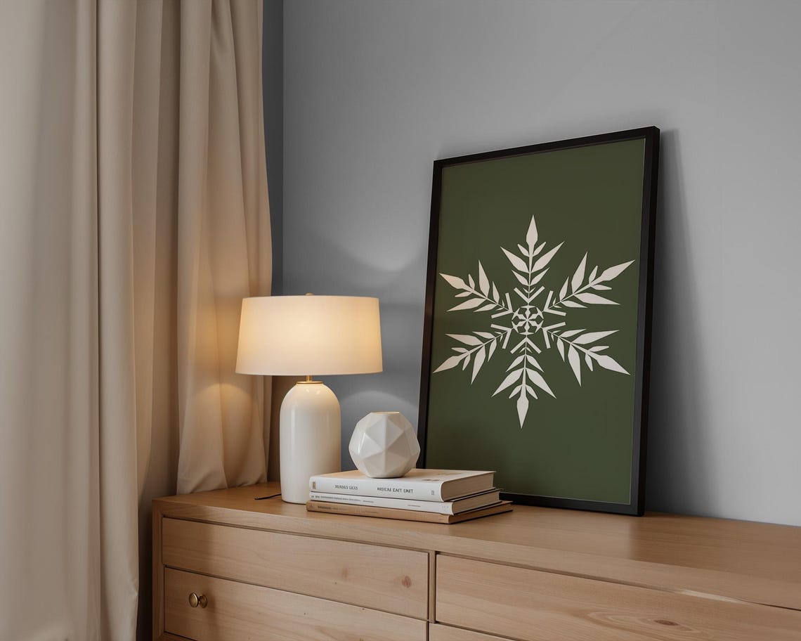 White Botanical Snowflake on Olive Green Minimalist Christmas Wall Art - Image 3