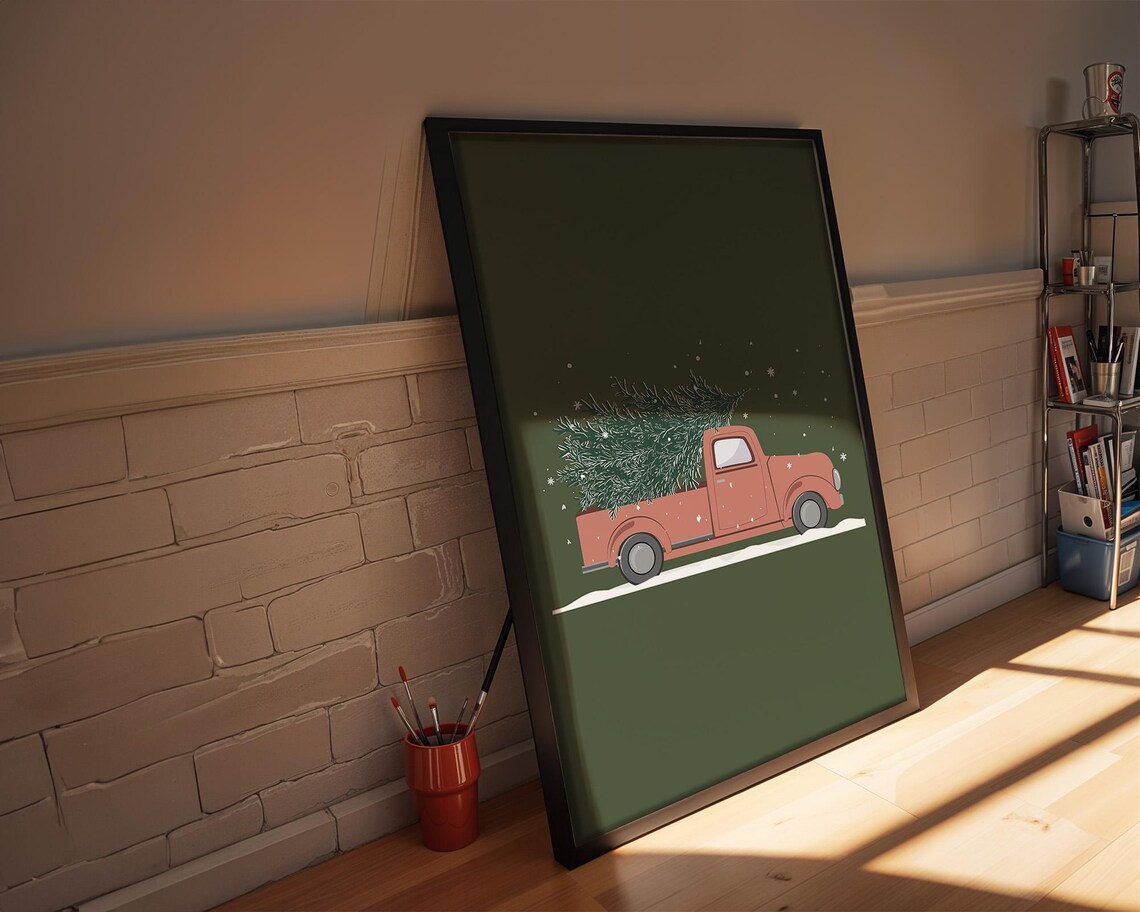 Red Truck Hauling Snowy Christmas Tree Vintage Farmhouse Poster - Image 4