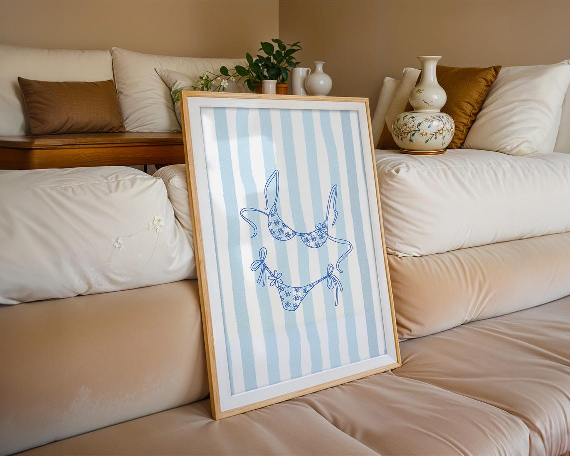 Blue Floral Bikini Line Art on Striped Coastal Summer Poster - Image 3