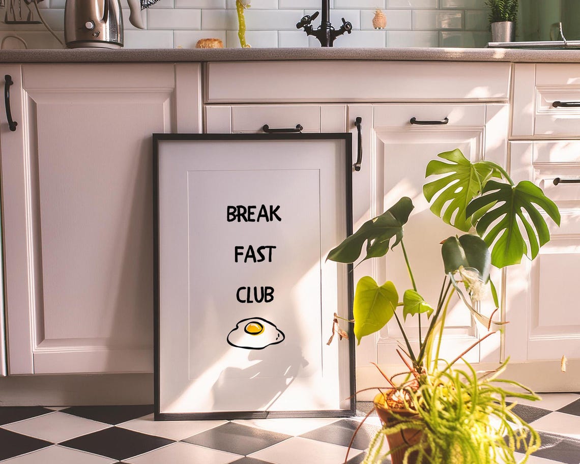 Breakfast Club Fried Egg Minimalist Black White Kitchen Poster