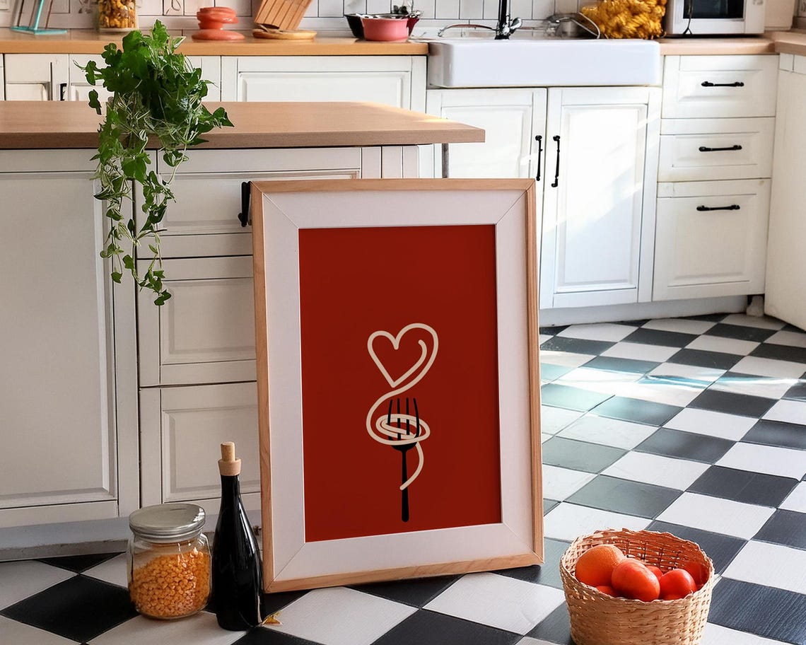 Spaghetti Fork Heart on Red Retro Pasta Lover Kitchen Poster - Image 3