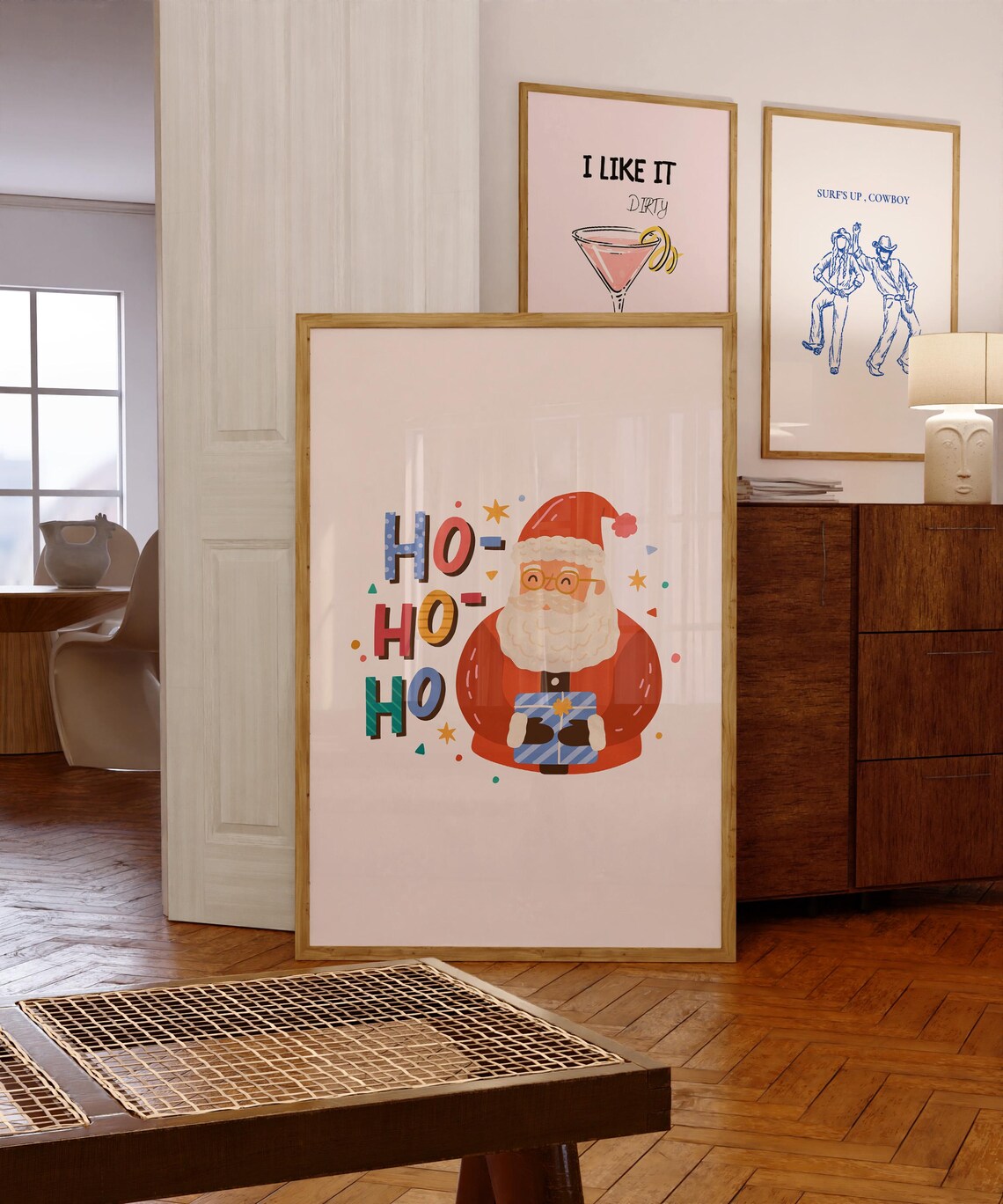 Cute Santa Holding Gift Colorful Ho Ho Ho Christmas Decor Poster