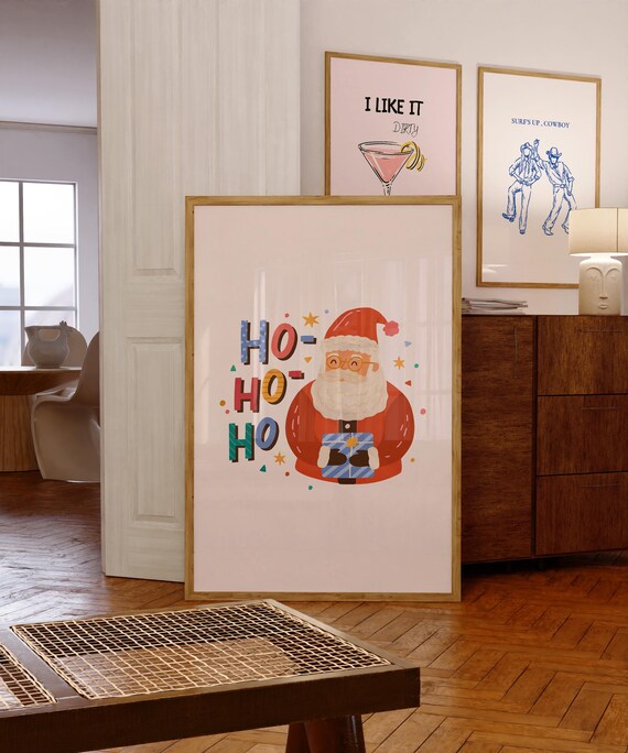 Cute Santa Holding Gift Colorful Ho Ho Ho Christmas Decor Poster
