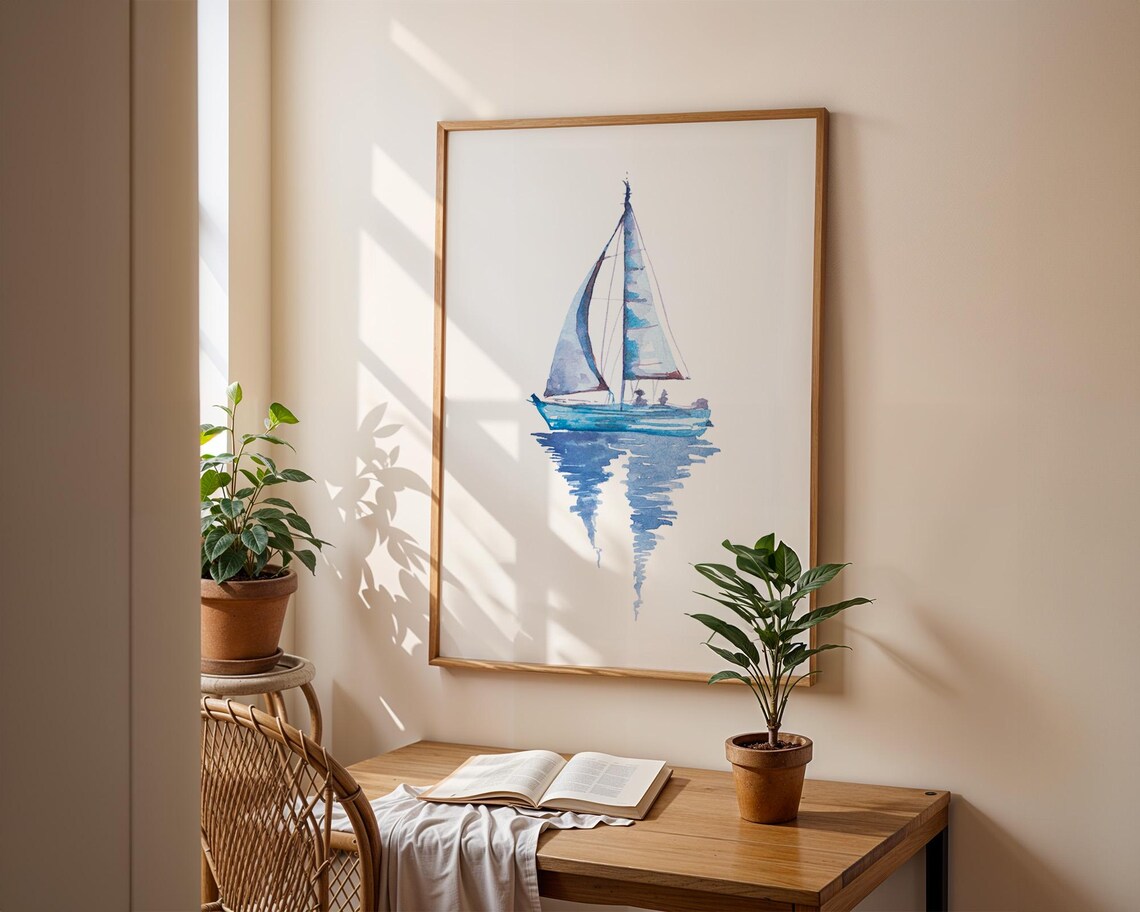 Blue Watercolor Sailboat with Reflection Serene Coastal Poster - Image 2