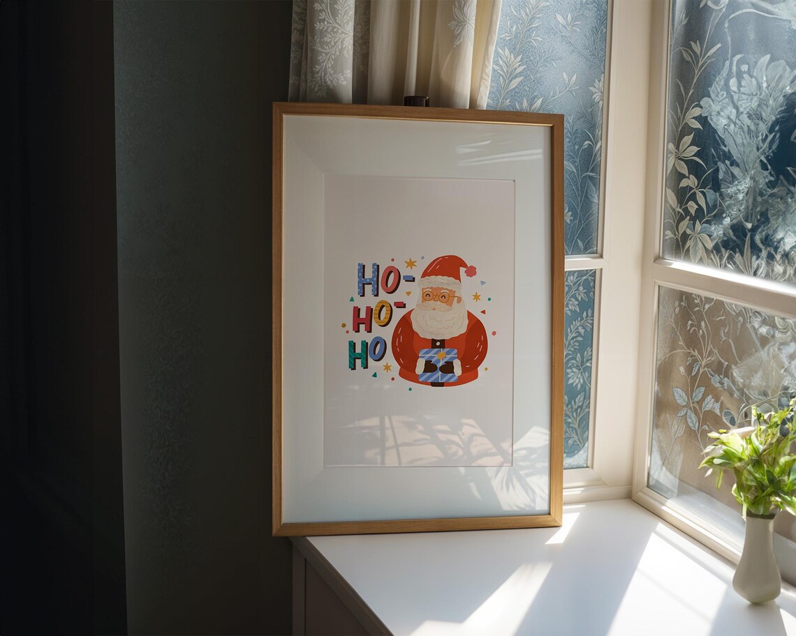 Cute Santa Holding Gift Colorful Ho Ho Ho Christmas Decor Poster - Image 2