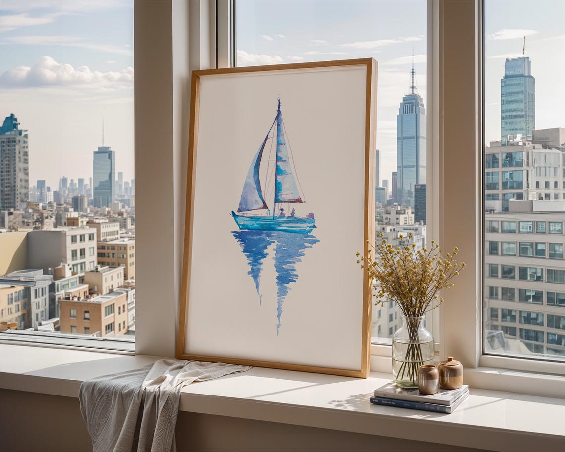 Blue Watercolor Sailboat with Reflection Serene Coastal Poster - Image 4