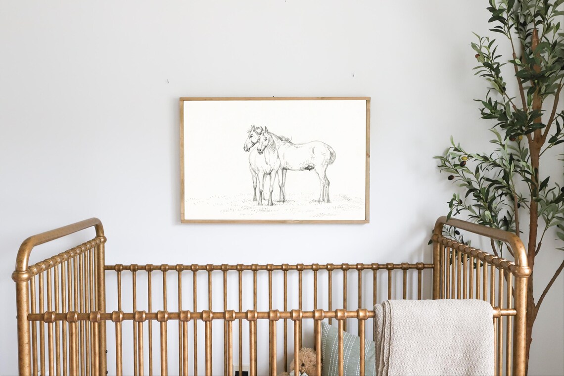 Pair of Horses Pencil Sketch Minimalist Horse Nursery Art Poster