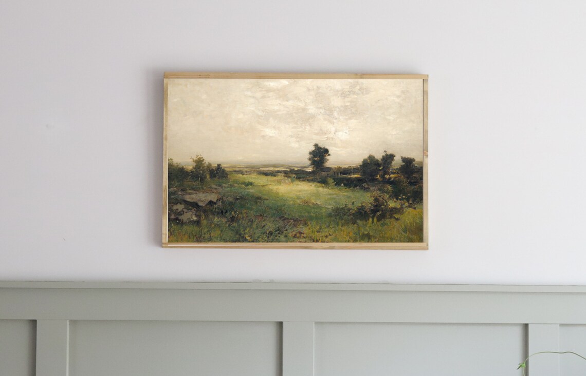 Vintage Green Meadow Rolling Hills Pastoral Landscape Sign Poster