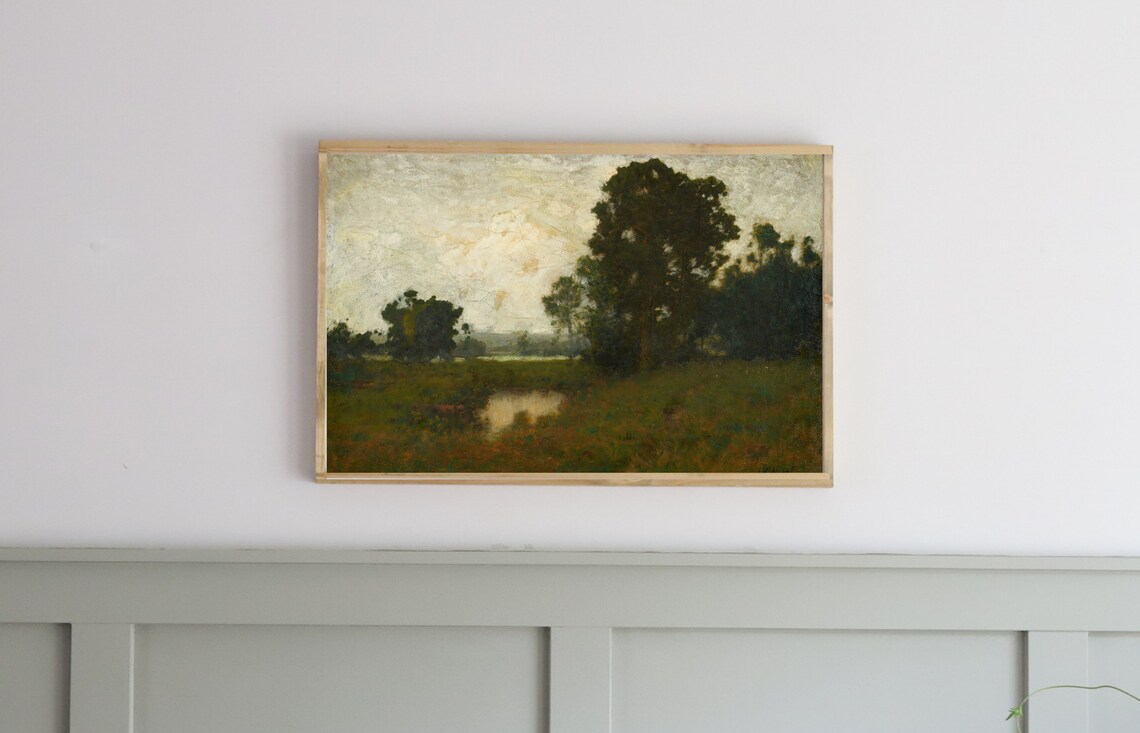 Vintage Green Landscape Pond Trees Oil Painting Decor Poster