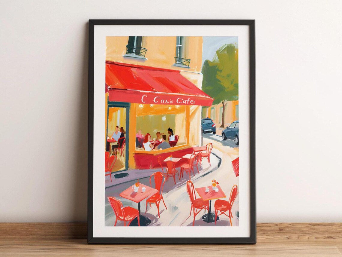Parisian Cafe Street Painting Red Awning Sidewalk Tables French Bistro Art Poster