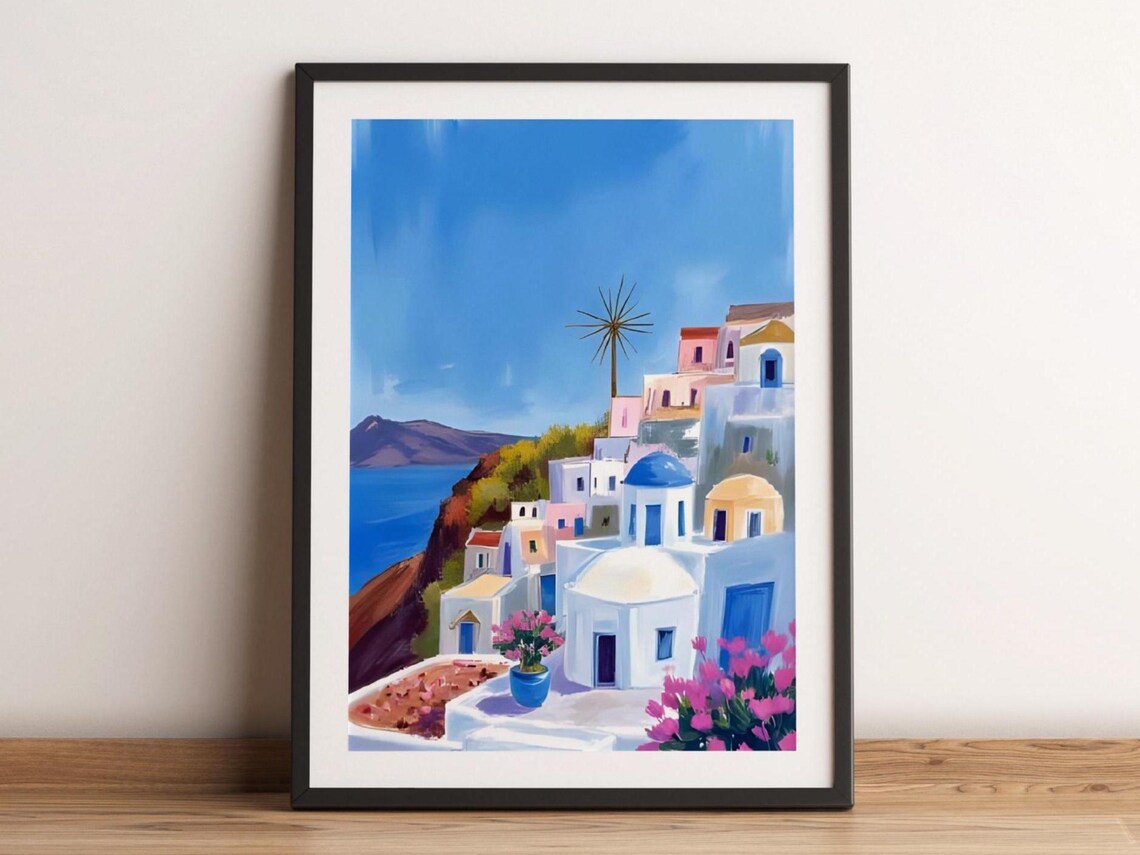 Santorini Greece Windmill Painting Blue Domes White Village Aegean Travel Art Poster