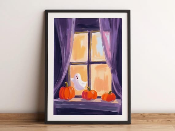 Cute Ghost Halloween Window With Pumpkins Watercolor Art Print Decor