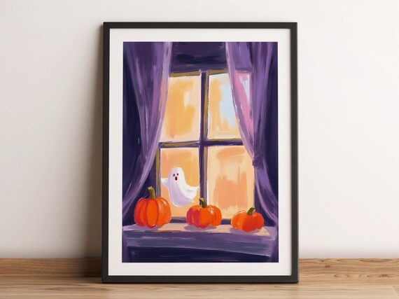 Pumpkin Window Halloween Watercolor Painting Cozy Wall Print Autumn Spooky Whimsical Haunted Home Decor