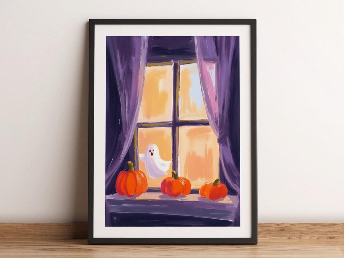 Cute Ghost Halloween Window With Pumpkins Watercolor Art Print Decor