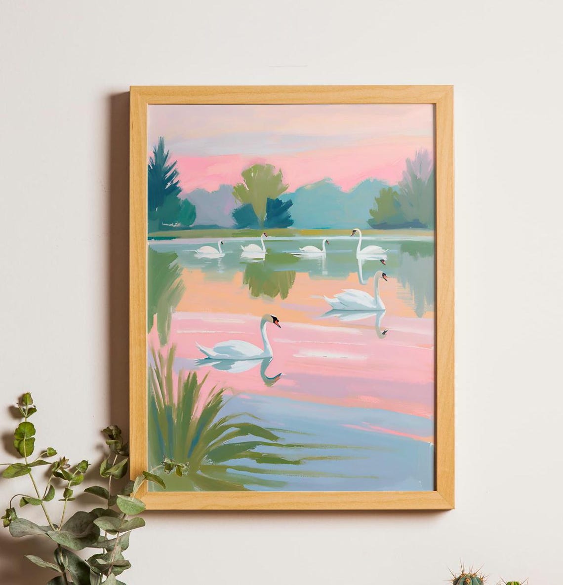 White Swans on Pastel Lake Pink Sunset Soft Water Bird Poster