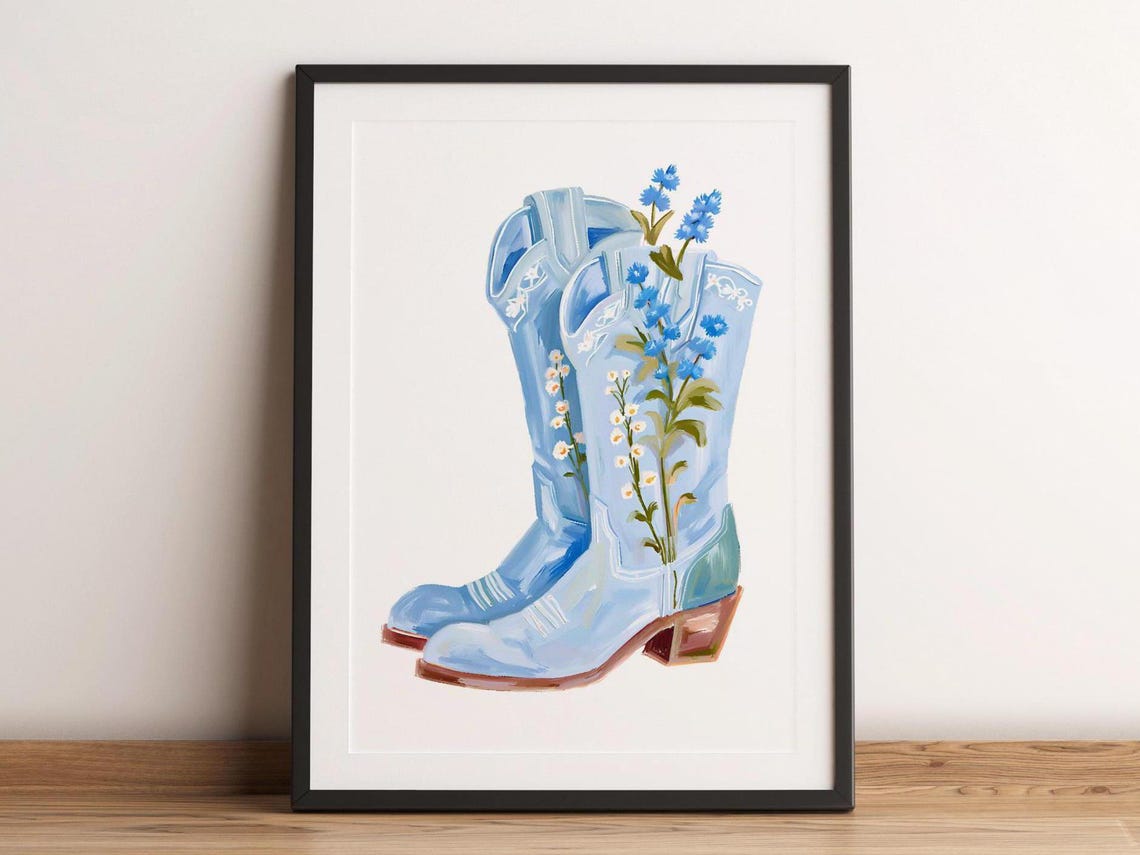 Blue Cowboy Boots With Wildflowers Western Chic Decor Poster