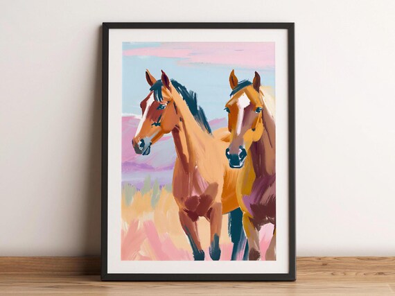 Two Chestnut Horses Pastel Field Painterly Equine Western Scene Poster