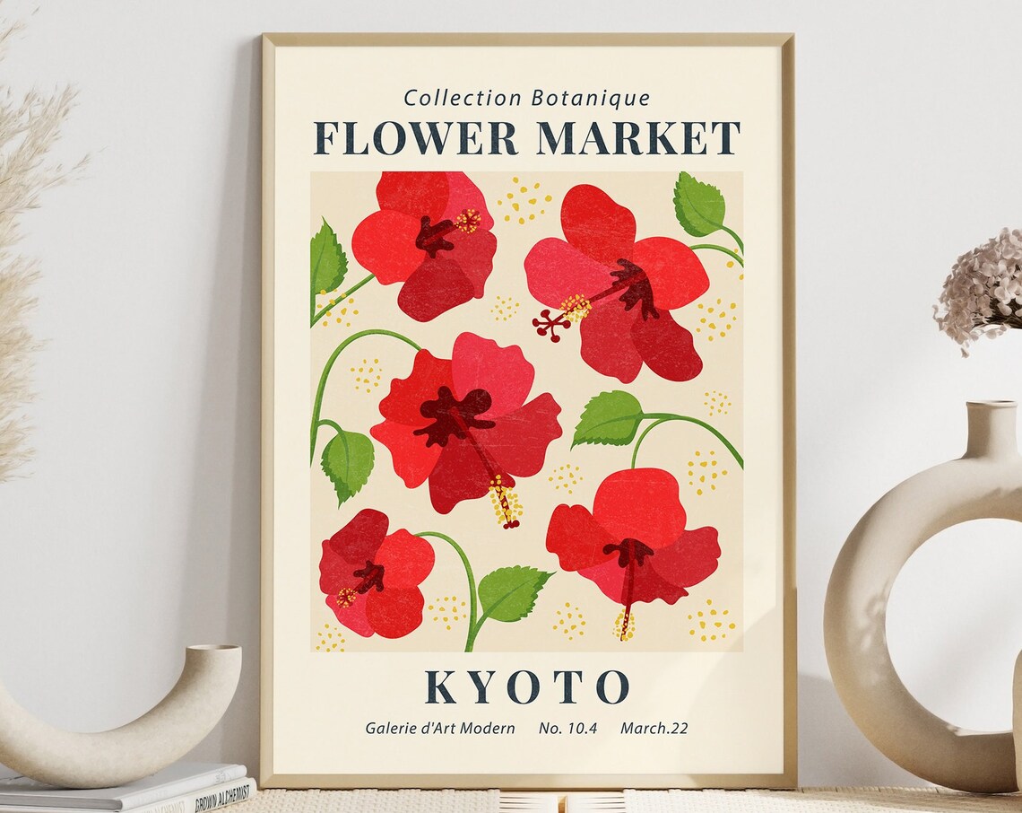 Flower Market Kyoto Red Hibiscus Botanical Gallery Decor Wall Art - Image 8